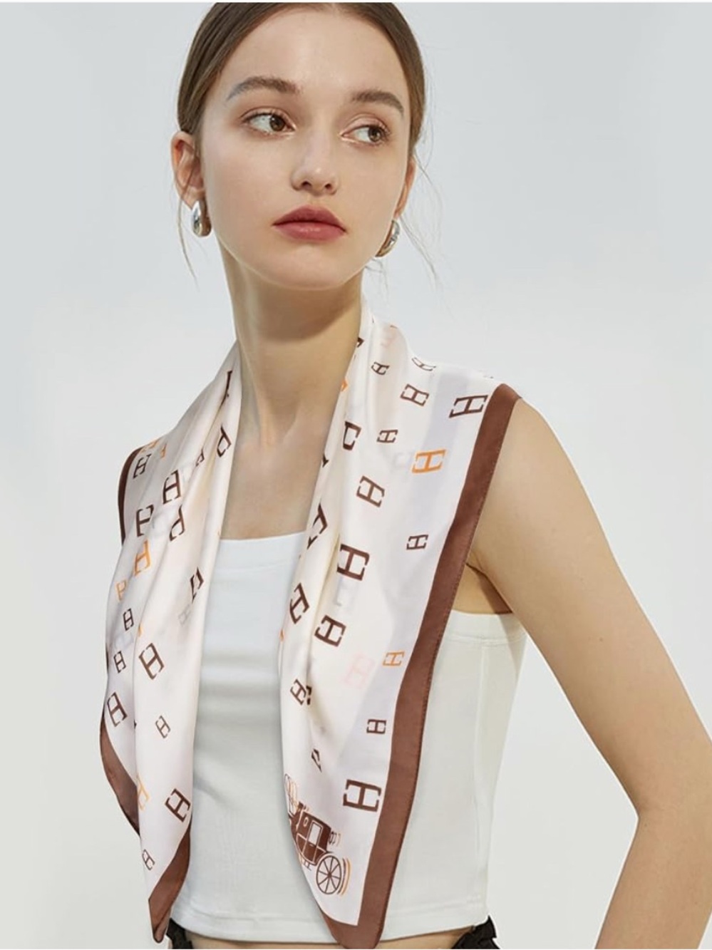 Silk-Feel Cream, Brown, and Orange H  Trim Square Scarf - Women Accessories